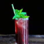 Blackberry cocktail in tall glass with mint and straw