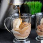 Coffee being poured over gelato in a glass mug
