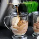 Coffee being poured over gelato in a glass mug