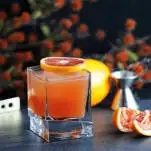orange cocktail in rocks glass with orange slices