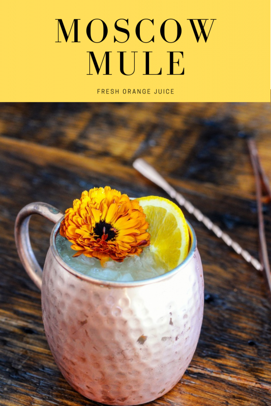 Cocktail in a copper mug with an orange slice and orange flower