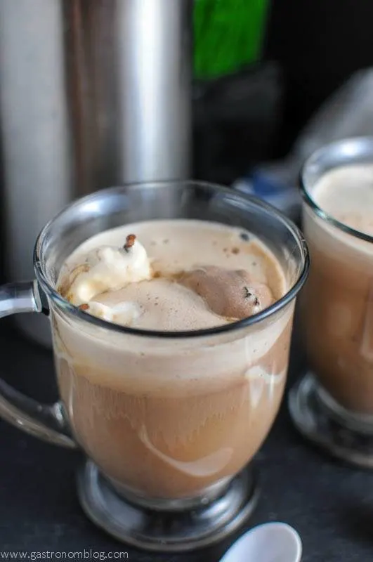 Brown affogato in glass mug with gelato and espresso