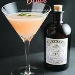 Rosemary's Blush Cocktail in martini glass, rosemary sprig, Monkey 47 bottle behind