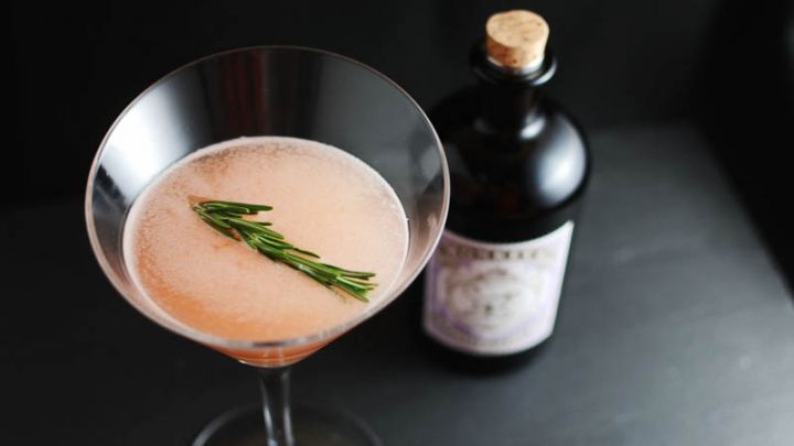 Top shot of gin and grapefruit cocktail with gin bottle