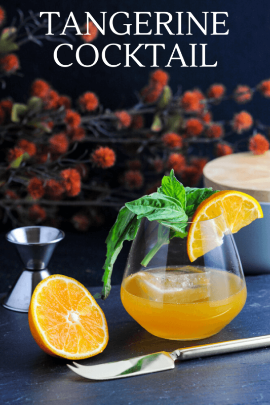 Orange cocktail in glass with orange slice and basil bunch, cut orange and knife with orange flowers behind