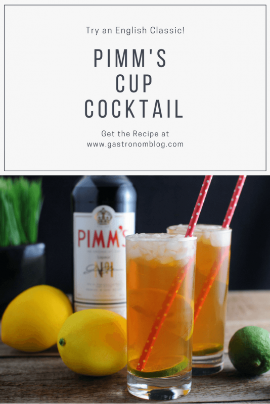 Pimm's Cup Cocktail - lemonade, Pimm's No 1 and club soda in tall glasses, Pimm's bottle and lemons behind