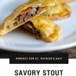 Savory Stout Hand Pies for St. Patrick's Day on white plate. First hand pie cut in half.
