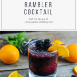 The Rambler Cocktail in a rocks glass with berries on a cocktail pick and an orange slice. Oranges and berries around glass.