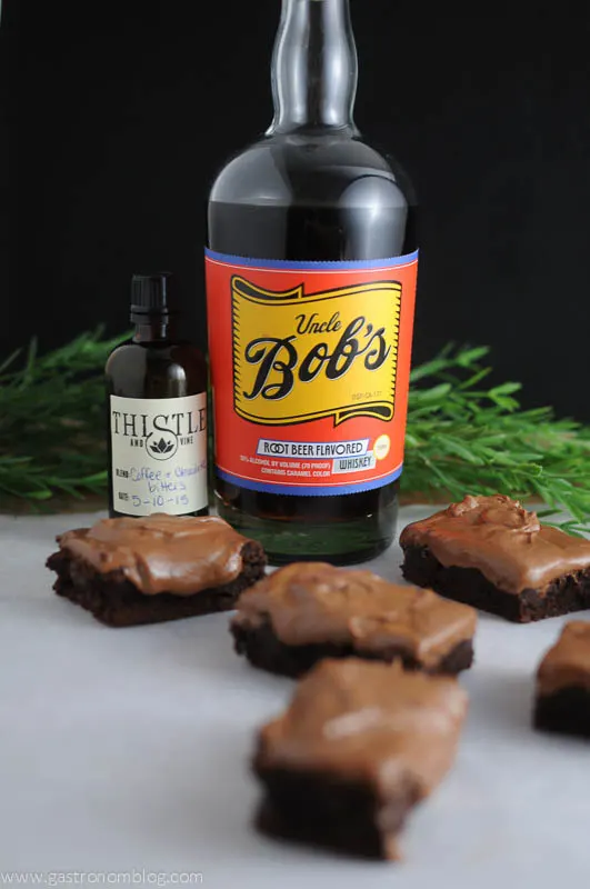 Root Beer Whiskey Brownies with Whisky bottle in background