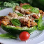 Peppers with cheese and tomatoes on white plate, plate on napkin, greenery in background