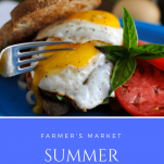 Summer Breakfast Sandciwch with eggs, tomato on toast on a blue plate