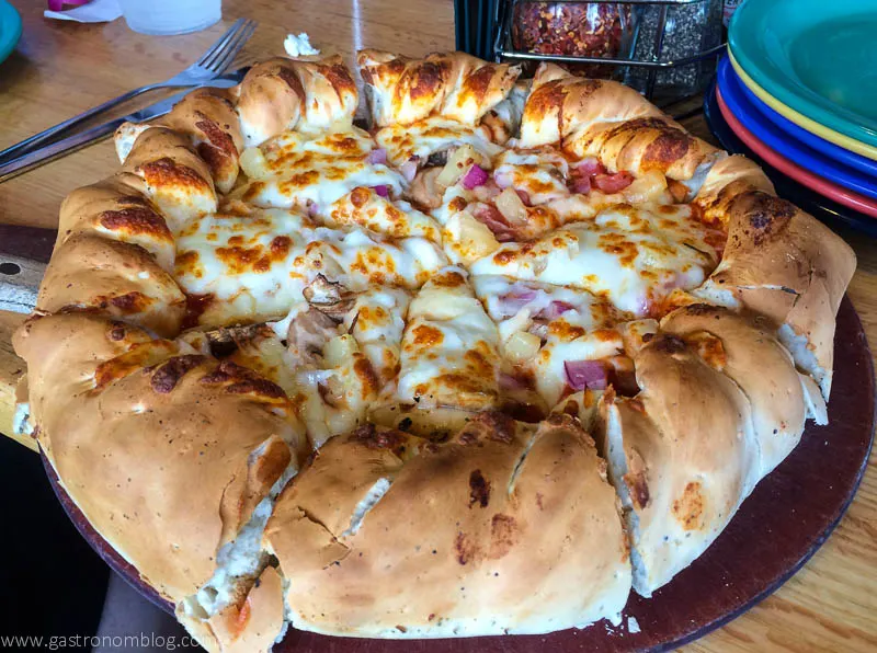 Ham pizza with thick crust at Beau Jo's Idaho Springs, Colorado
