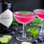 Pink cocktail in coupe, Hendricks bottle behind