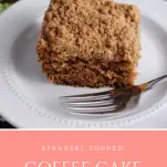 Streusel Topped Coffee Cake for breakfast or brunch with fork on white plate, greenery behind