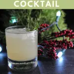 Rosemary's Pear Cocktail - opague cocktail with ice in rocks glass, greenery and lights behind