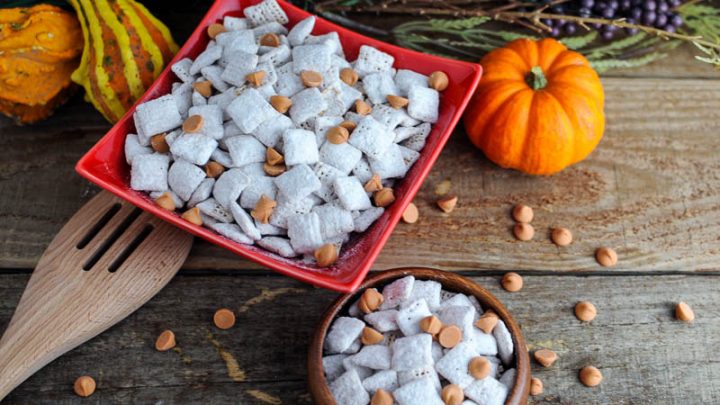 Puppy Chow in red and wooden bowls, wooden spoon and small pumpkin with butterscotch chips on wooden table