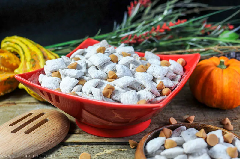Blondie Puppy Chow in a red bowl with a wood spoon and pumpkin and squash plus flowers in the background