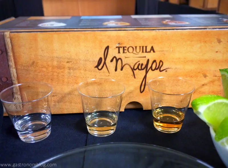 El Mayor tequila tasting in front of wood box