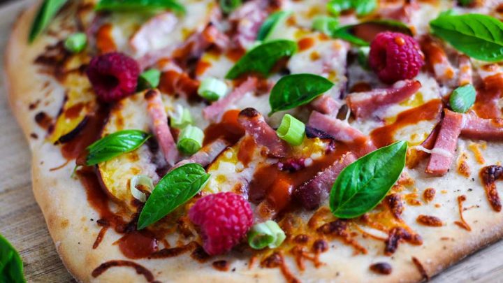 peach and Raspberry Pizza with hot sauce, basil and green onion