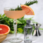 Pink cocktail in coupe with grapefruit slice and rosemary sprig. Flowers, grapefruit, jigger and small gin bottle