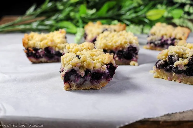 Blueberry Streusel Coffee Cake Bars on parchment paper
