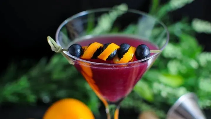Purple Cocktial in martini glass, blueberries and orange zest on cocktial pick. Oranges and flowers in backgorund