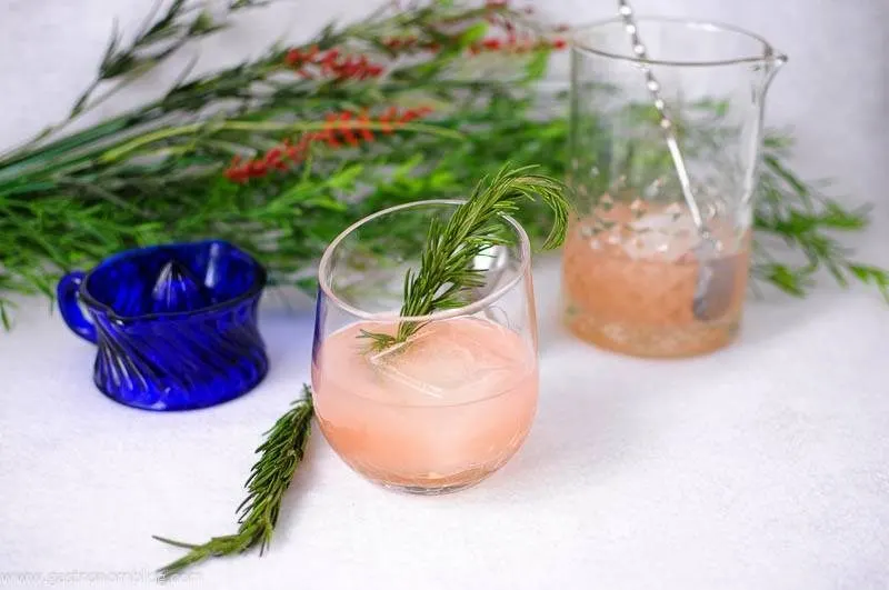 Pink cocktails in glasses with large ice cube. rosemary sprig garnish. Mixing glass in background with bar spoon, blue juicer, greenery behind