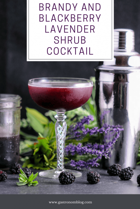 Brandy Blackberry Lavender Shrub Cocktail - purple cocktail in coupe. Shrub in jar, blackberries, silver shaker and flowers behind