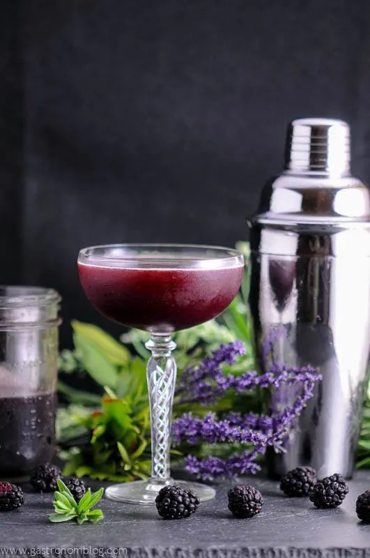 Blackberry Lavender Shrub in cocktail coupe with mason jar and cocktail shaker in background. Lavender flowers and blackberries