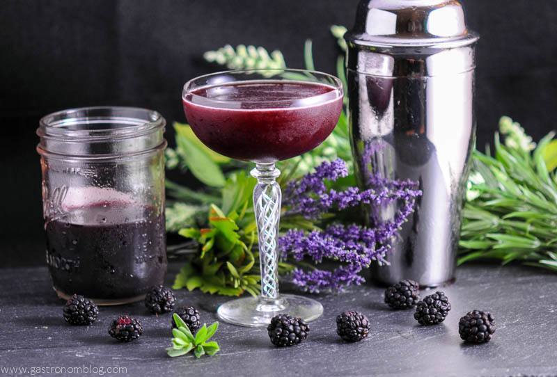 Blackberry Lavender Shrub in cocktail coupe with mason jar and cocktail shaker in background. Lavender flowers and blackberries