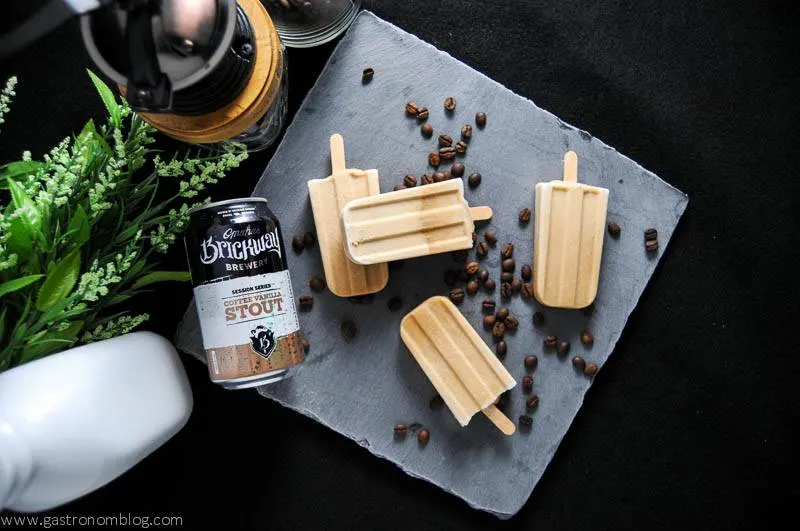 Beer Popsicles with coffee beans and Brickway Beer and coffee grinder in background