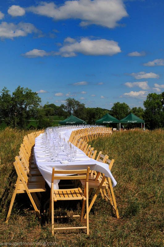 Long table in a field with wooden chairs and white cloth