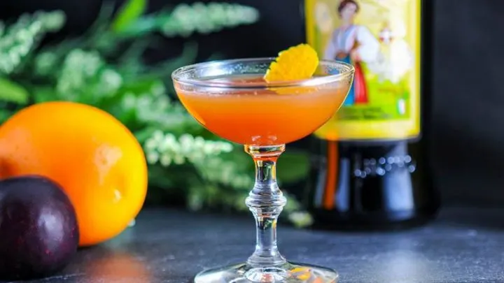 The Lucky Lucano, orange cocktail, orange and plum, flowers and amaro bottle behind