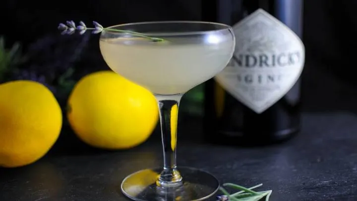 Lavender Bee's Knees light cocktail in coupe with lavender sprigs. Gin bottle and lemons behind