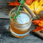 Cocktail in a rocks glass with cinnamon and rosemary trim, fall leaves in background