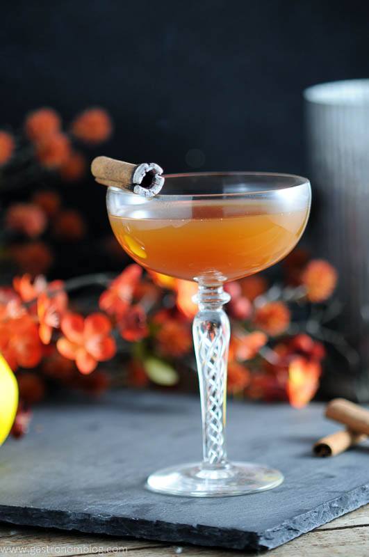 The Clove and Cider Cocktail - orange cocktail in coupe with charred cinnamon, autumn leaves in background
