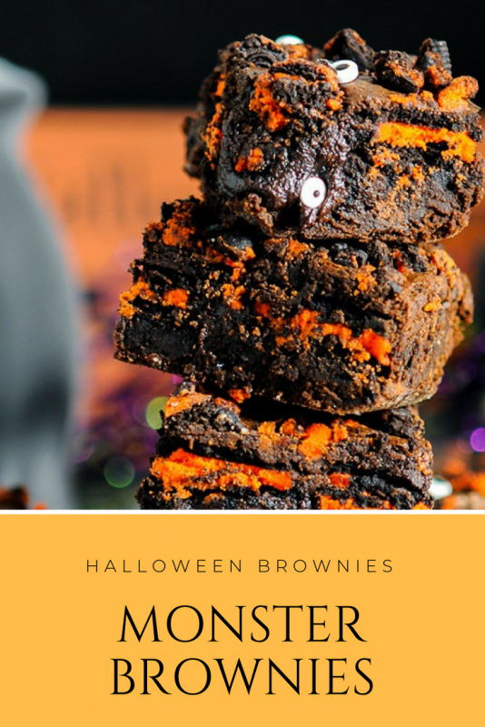 Halloween Spooky Eyes Brownies in a stack with googly eyes