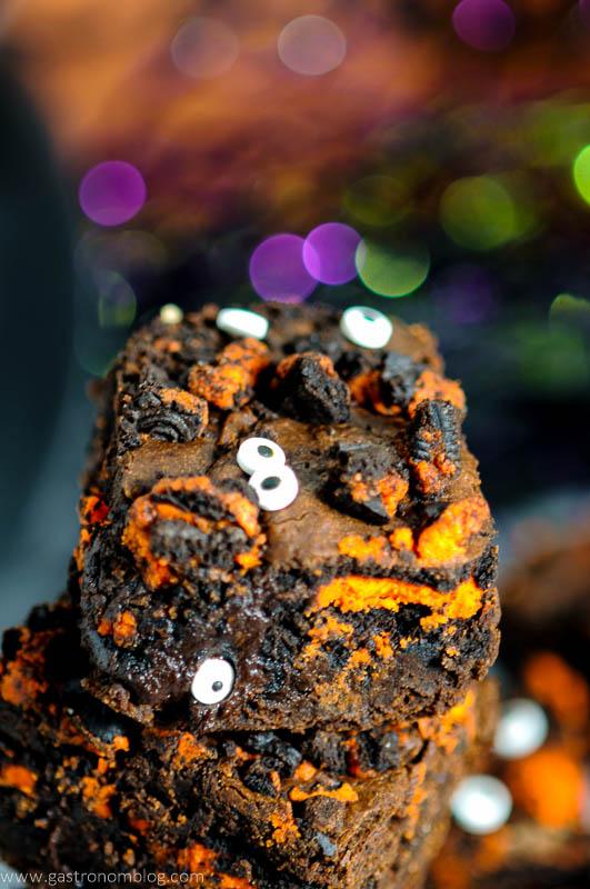 Stack of Halloween Oreo Monster Brownies with eyes
