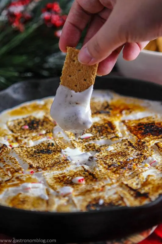 Hand dipping graham cracker into gooey marshmallows in a cash iron skillet. Pine branch in back