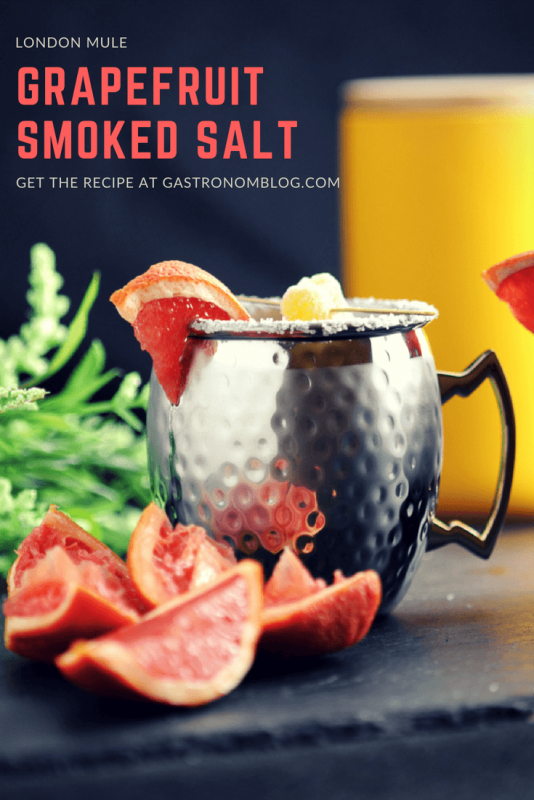 Rosemary Smoked Salt London Mule in silver mug with grapefruit wedges and salt rim