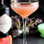Pink cocktail in coupe with gold rim, gin bottle, floral, grapefruit slice behind