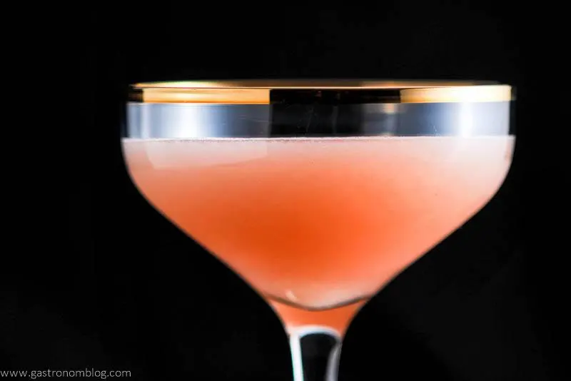 The Pink Pear cocktail, gold rimmed coupe