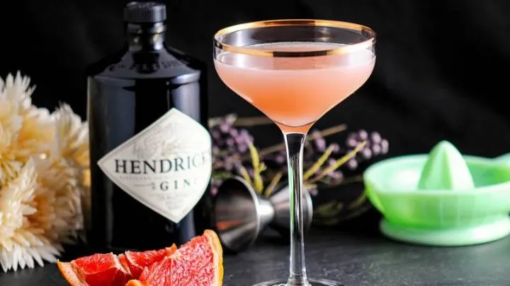 The Pink Pear, pink cocktail in coupe with gold rim. Gin bottle, grapefruit slices, flowers and green citrus reamer behind