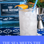 Where the Sea Meets the Sky Cocktail - in a tall glass with a grapefruit peel garnish and blue and white striped straw on a blue and white napkin, blue tequila bottle in background