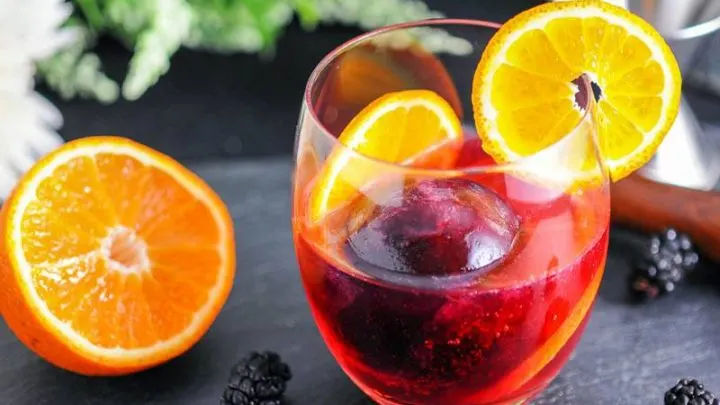 Blackberry Tangerine Vodka Tonic Cocktail, purple cocktail in glass with tangerine slices. Greenery behind