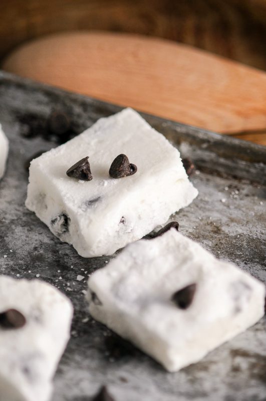 Chocolate Chip Boozy Marshmallows on a cookie sheet