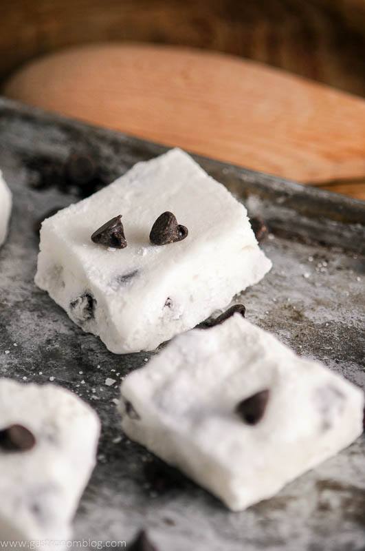 Chocolate Chip Boozy Marshmallows on cookie sheet