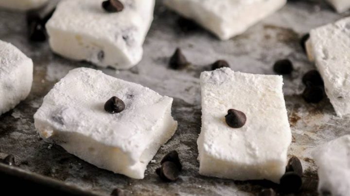 Chocolate Chip Boozy Marshmallow with chocolate chips on cookie sheets