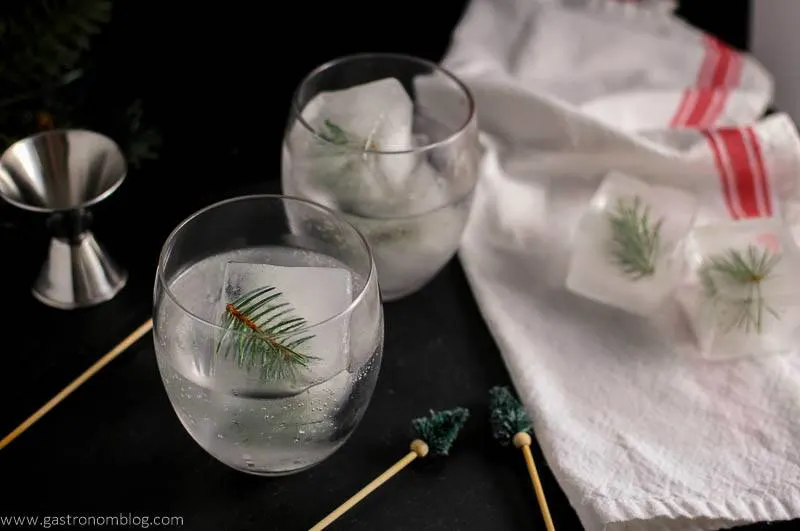 Mountain Pine Gin and Tonic with pine infused ice cubes. Pine topped cocktail stirrers and jigger with red and white napkin