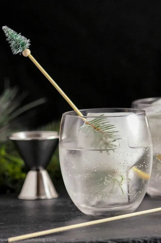 Mountain Pine Gin and Tonic with pine infused ice cubes and pine topped cocktail stirrer. Jigger in background
